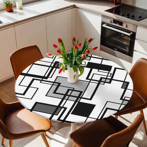 Round Fitted Tablecloth with Elastic Edge, Modern Abstract Square Stripes Fitted Table Cloth for Round Tables 36-44in, Gray Black White Geometric Art Waterproof Tablecloth for Outdoor Picnic Party