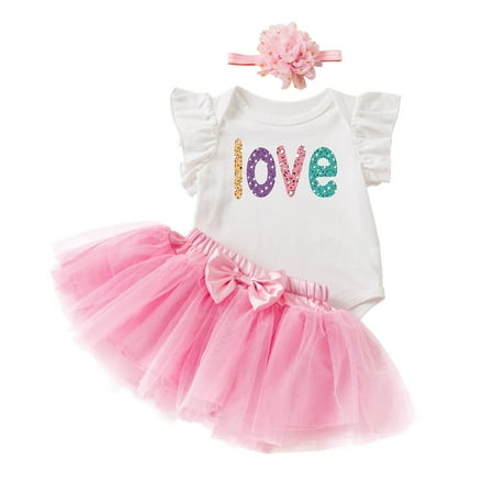 

koaiezne Toddler Girls Valentine s Day Fly Sleeve Love Prints Romper Bow Tie Net Yarn Short Skirts Kids Headbands Outfits Pajamas Girls 5 6 Girl New Born Gift