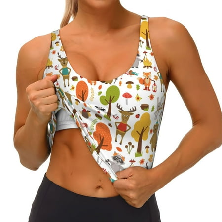 Qokaie Animals Forest Pattern Womens Scoop Neck Sports Bra Breathable Workout Vest Padded U Back Medium Impact Fitness Gym Yoga Bra Workout Crop Top