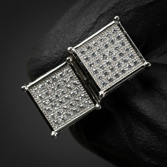 Square Flat Screen Micro Pave Hip Hop 10mm White Gold 925 Sterling Silver Men's Screw Back Stud Earrings