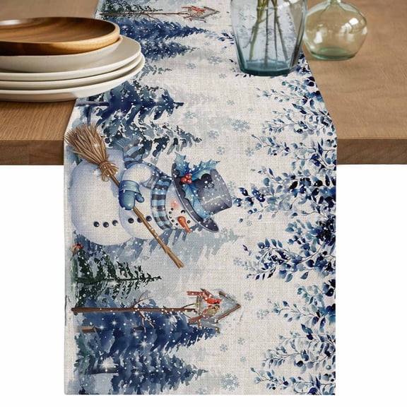Blue Eucalyptus Christmas Table Runner 70 Inches, Snowman Snowflake Xmas Tree Rustic Bed Runner Dresser Scarves Tabletop for Indoor Outdoor Parties/Ceremony/Banquet, 13" x 70"