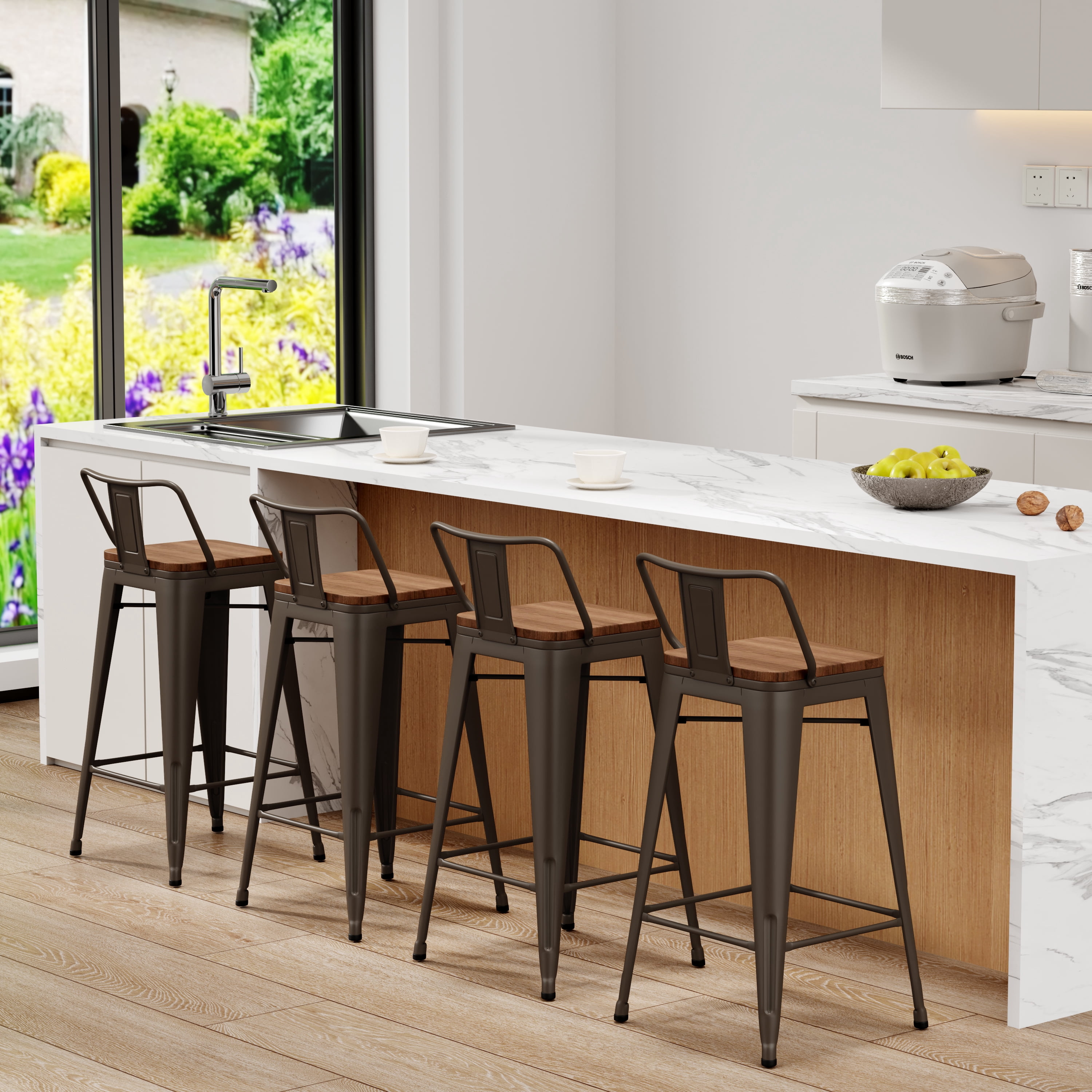 Bar Stools Set of 4 Bar Height Metal Barstools with Wood Seat Low Back Kitchen Bar Chairs