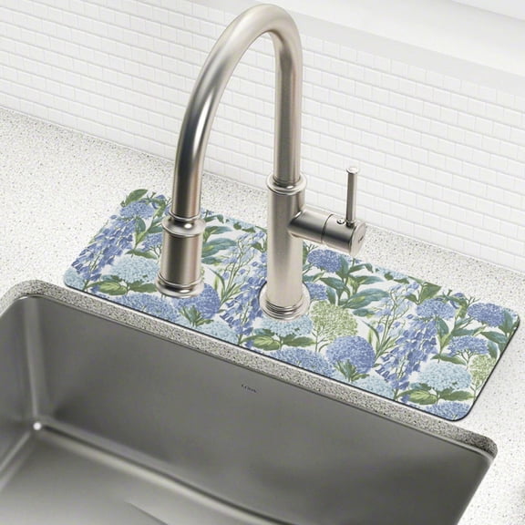 Yayeee Faucet Mat for Kitchen Sink 14.7" Diatomite Long Splash Guard Pad, Vibrant Hydrangeas Pattern