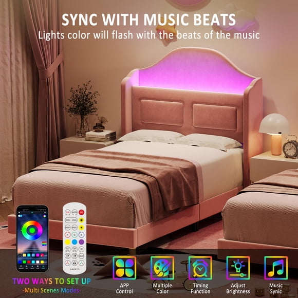 EDTara Twin Platform Bed With Wingback Design, Bookcase Storage Headboard, Led Lights, 12 Wood Slats, 350lb Capacity