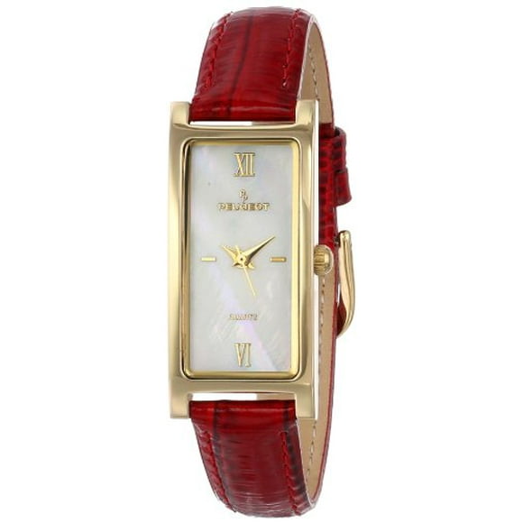 Peugeot Montre Habillée pour Femme en Plaqué Or 14K avec Nacre, Cadran à Chiffres Romains, Cuir Rouge Lustré, Bracelet Fin et Mince, 3017RD
