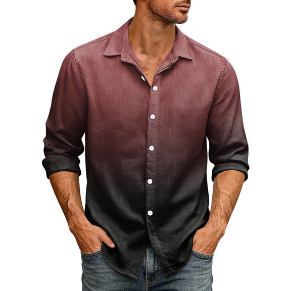 Mens Loose Fit Long Sleeve Shirt Casual Retro Button Down Top Out Breathable Commute Lightweight Blouse for Travel Work Deep Red M