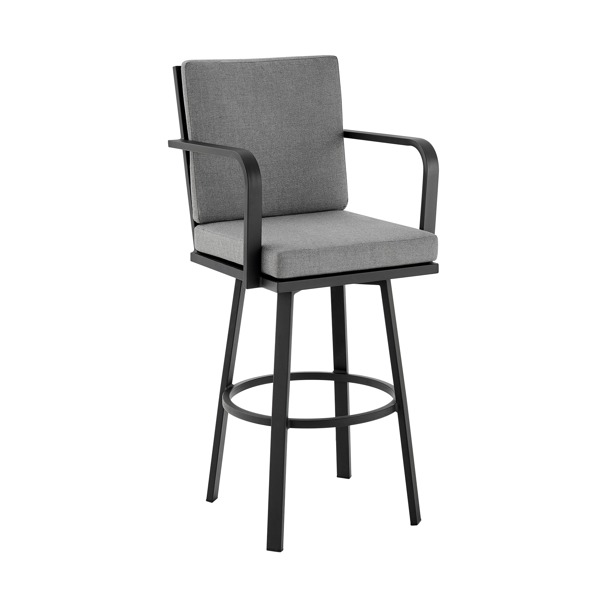 Arnauld 30" Outdoor Patio Swivel Bar Stool in Black Aluminum with Gray Cushions - Set of 2