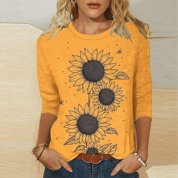 Cavosen Women's 3/4 Sleeve Tops Dressy Pullover Shirts Crewneck Sunflower Print Flowy T-Shirts Holiday Blouse Novelty Loose Tops Workout Beach Tees Summer Clothes Yellow S