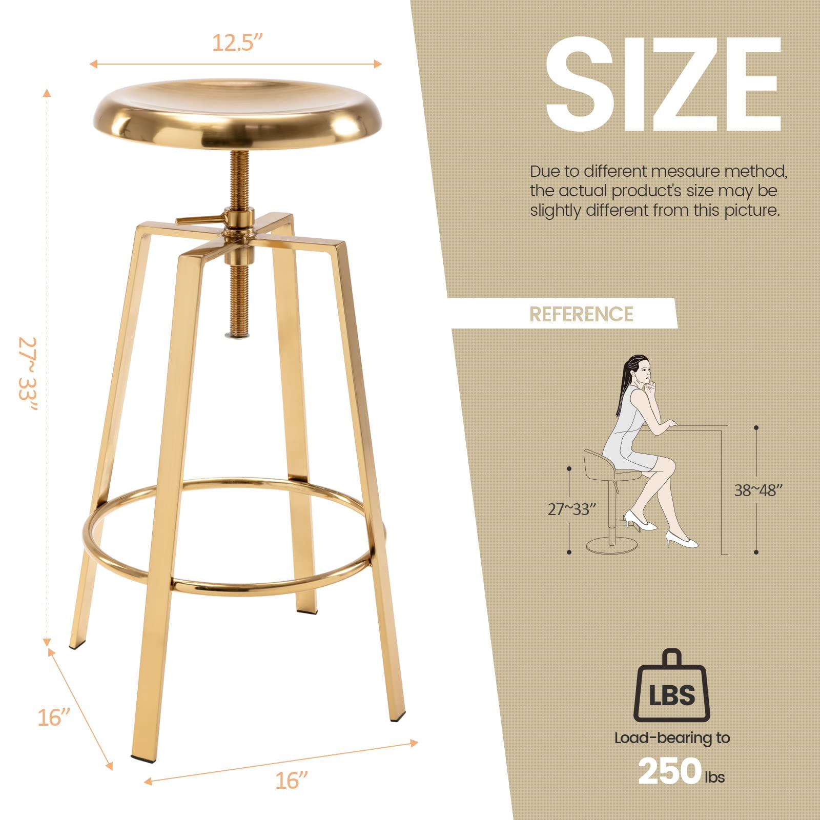 Gold Bar Stools Set of 2, Backless Counter Height Swivel Bar Stools for Kitchen Island, Modern Round Barstools Counter Stool (Gold)