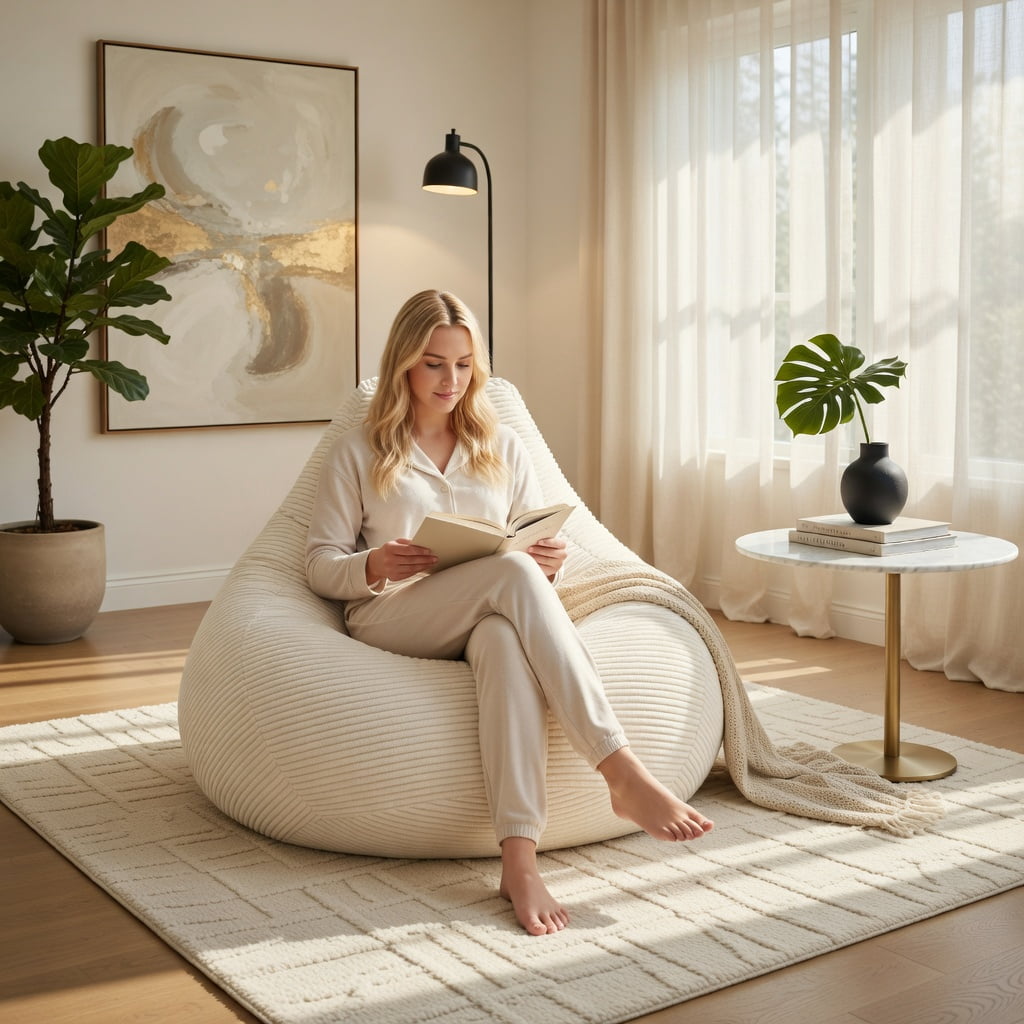 Hommoo Bean Bag Sofa Chair Lazy Sofa Chair, Ultra Soft Lazy Sofa with Skin-friendly Corduroy Cover and Soft Sponge Filling, Off-white