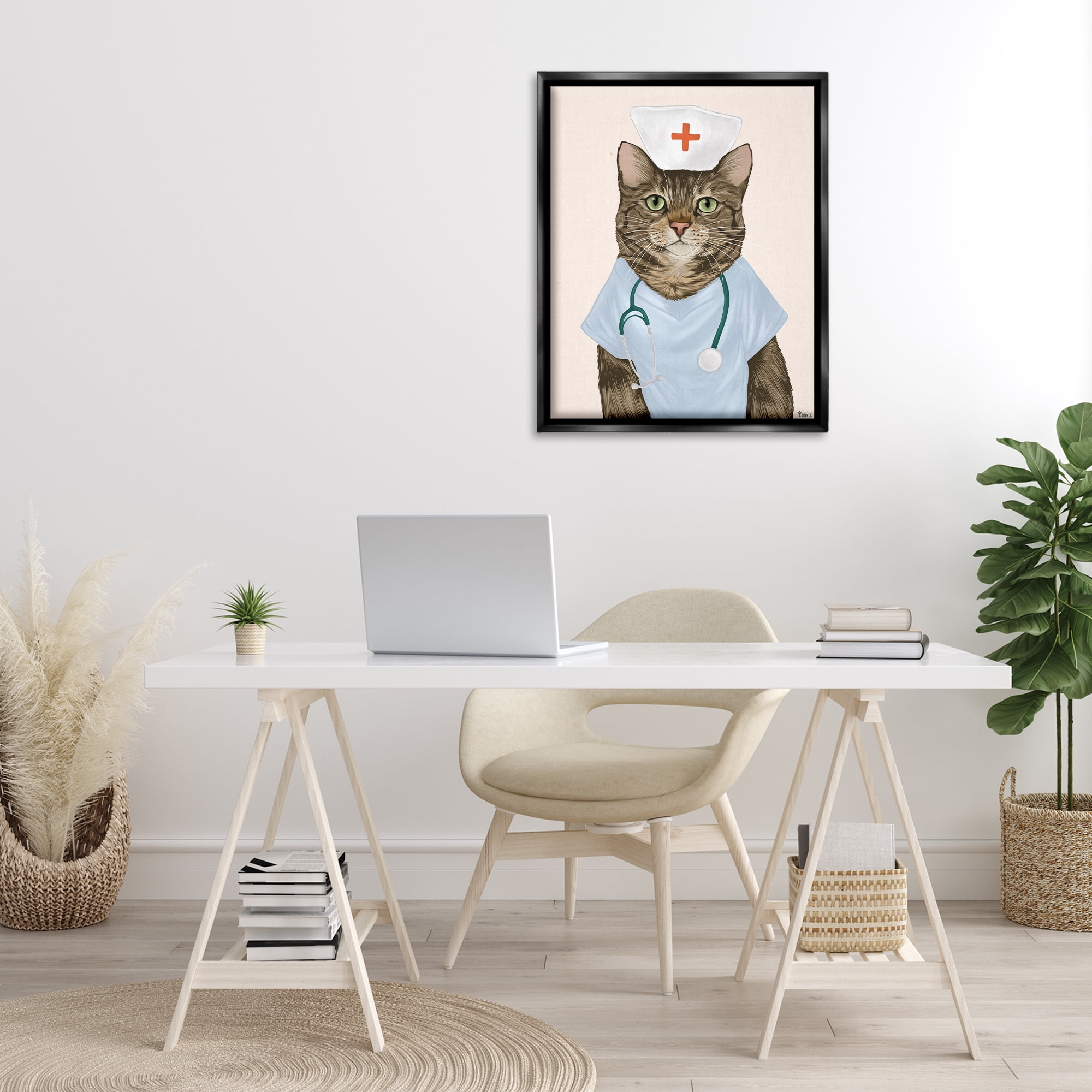 Stupell Industries Nurse Doctor Cat Animals & Insects Painting Black Floater Framed Canvas Art Print Wall Art, 25 x 31