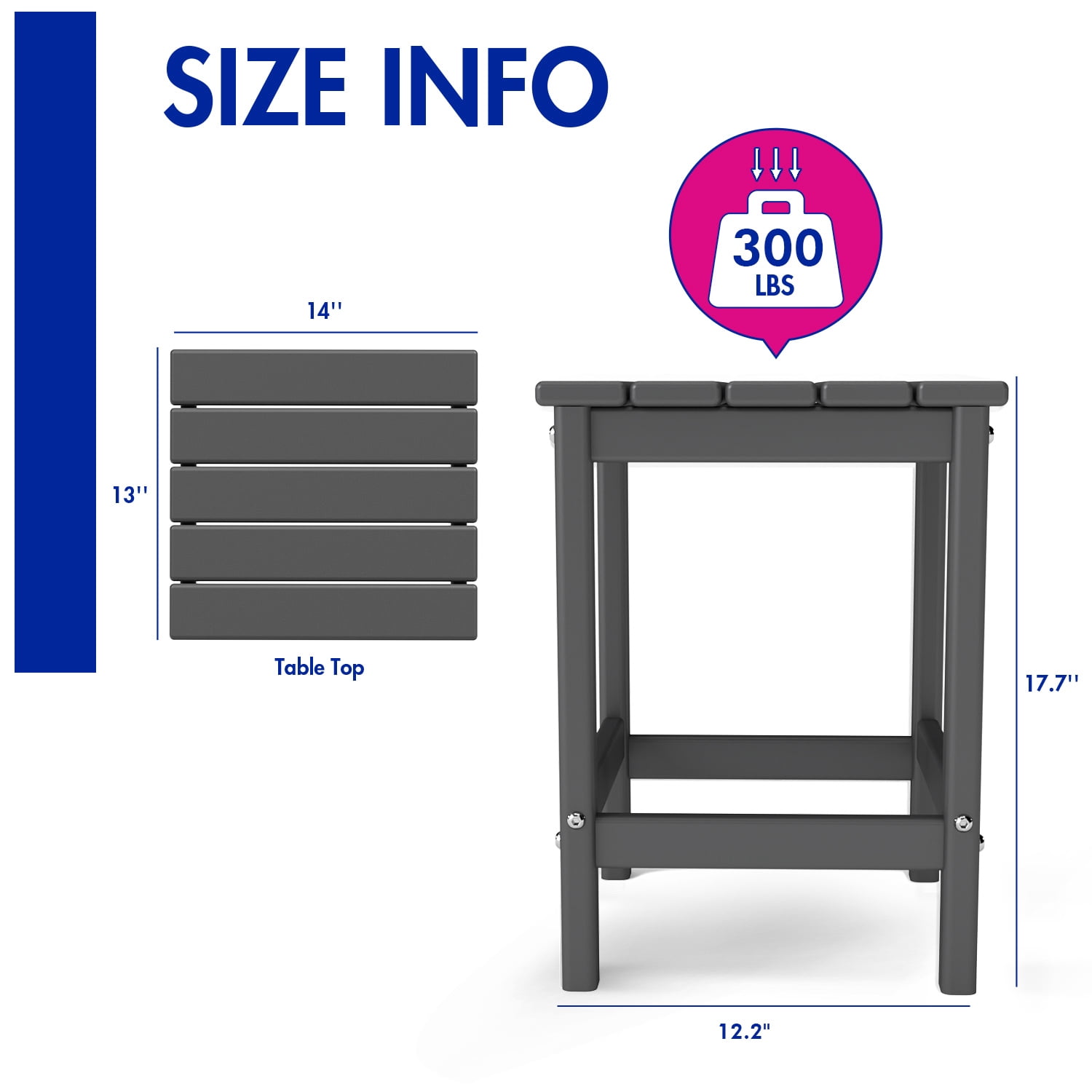 FODINGHILL Outdoor Side Table,All Weather HDPE Adirondack Patio Table,Square End Table for Pool Balcony Deck Porch Lawn Backyard,Grey