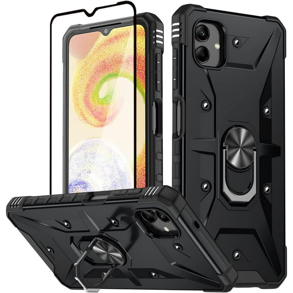 for Galaxy A04 Case Samsung A04 Case with Screen Protector Kickstand and Car Magnetic Sheet,Double-Layer Combination Protection,Fall Proof Protective Case for Samsung Galaxy A04(WJ Black)