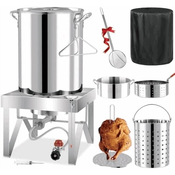 30QT Turkey Fryer Kit | Stainless Steel | Cover | Skimmer | 50,000BTU Burner | Outdoor Deep Fryers with Basket | Seafood Boil Pot | Crab Shirmp & Crawfish Boiler$$Garden & Patio