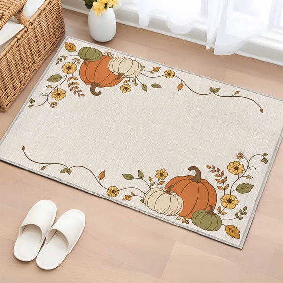 Fall Thanksgiving 2'x3' Washable Rug, Pumpkins Florals Minimalist Beige Non-Slip Soft Doormat Area Rugs for Entrance Bathroom Bedsides, Front Doormat Carpet for Kitchen Bedroom, Entryway Floor Mat