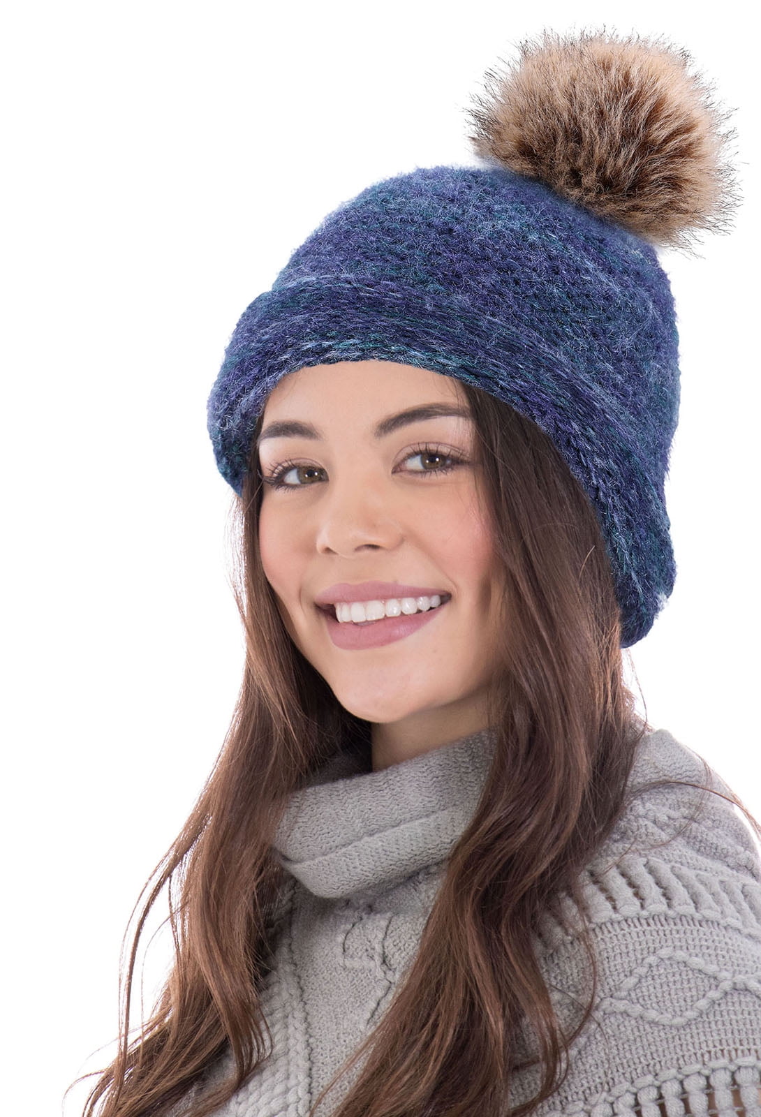 Faux Fur Pom Pom Crochet Slouchy Knit Beanie Beret Warm Winter Ski Hat Womens
