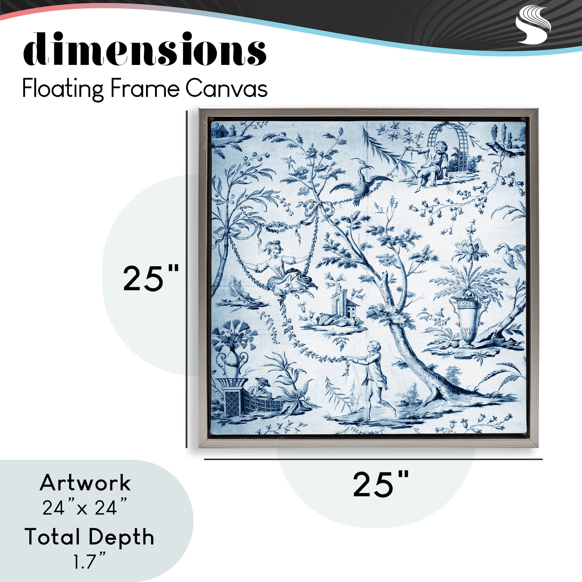 Vintage Toile Scene Gray Framed Floater Canvas Wall Art, design by Vintage Hustle