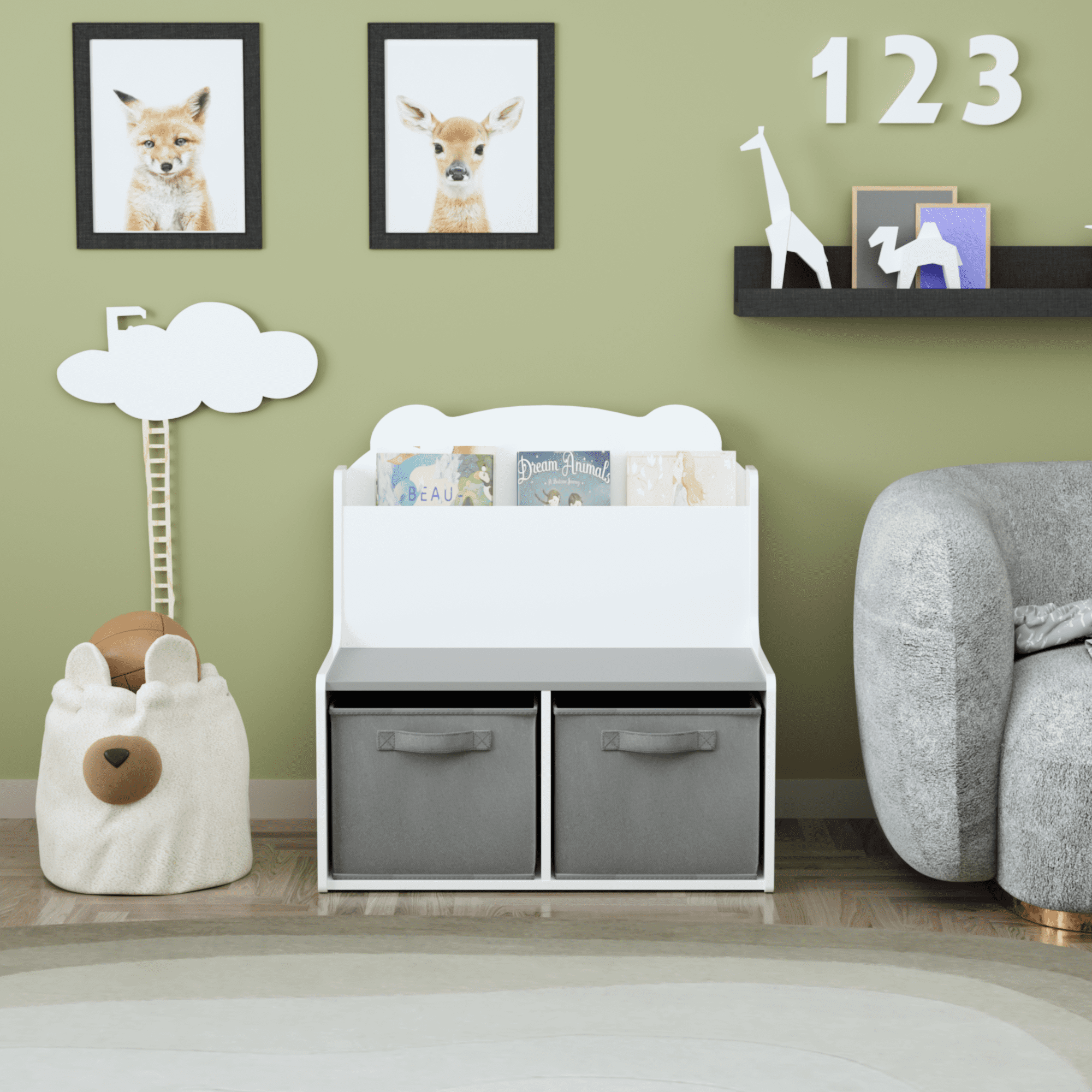 Kids Furniture Kids Bookshelf with Storage Bins – Wooden Bookcase with Book Display Shelf and 2 Fabric Bins, Cute Bear-Shaped Backboard, Toy Organizer for Toddlers and Children, White and Gray,Baby F