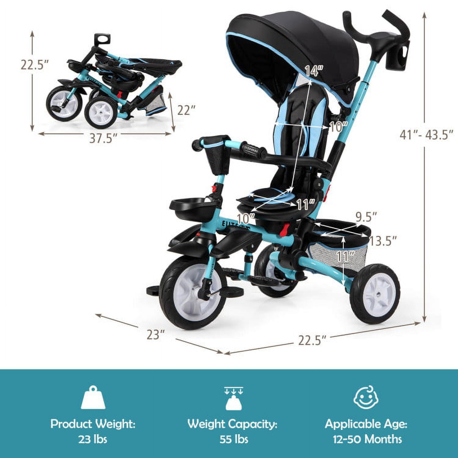 Baby Trike, 7-in-1 Folding Toddler Bike Kids Stroller Tricycle
