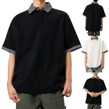 QIUOMBBP Mens Fashion Polos Shirts Summer Casual Loose Fit Golf Cotton T-Shirts Short Sleeve Color Block Button Lapel Collared Shirt Black M