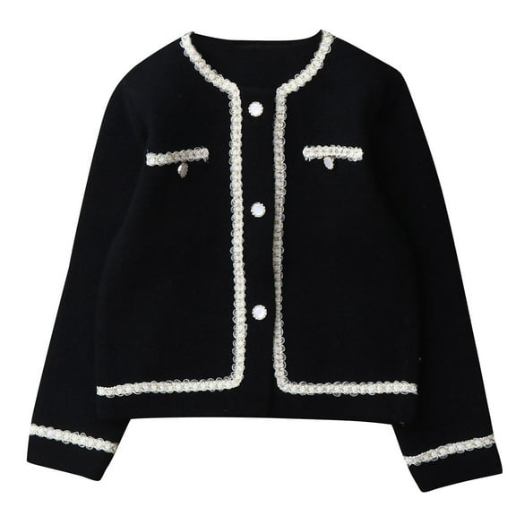 Favoffer Girls' Crewneck Knitted Cardigan Fall/Winter Warm Long Sleeve Children Button Cotton Sweater Uniform Outerwear for Daily Playdates Holiday Gifts Black White 5-13Y