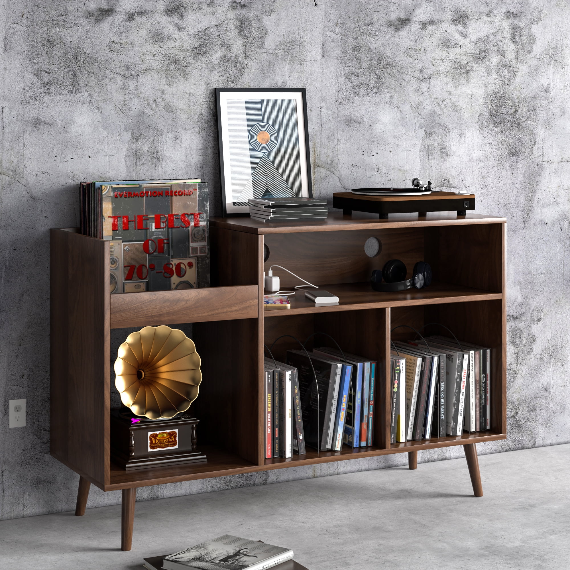 Record Player Stand, Vinyl Record Storage Cabinet with Charging
