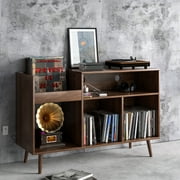 Oubayajia Record Player Stand, Vinyl Record Storage Cabinet with Charging Station & USB Ports, Mid-Century Turntable Stand Table Holds Up to 300 Albums Living Room Bedroom Office, Walnut