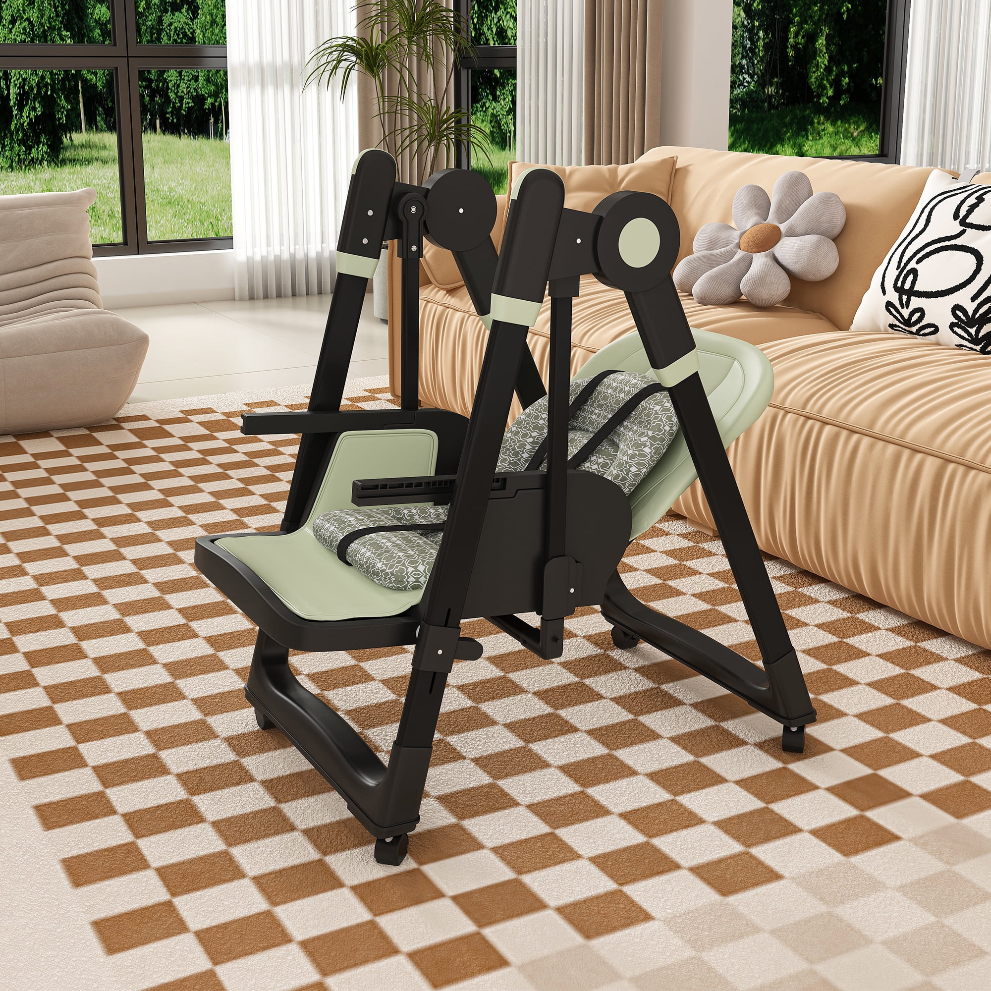 2-in-1 Convertible High Chair Baby Rocker, Foldable Infant Feeding Chair with 5-Point Harness, Lockable Silent Wheels & Detachable 2-Tier Tray for 6 Months–3 Years