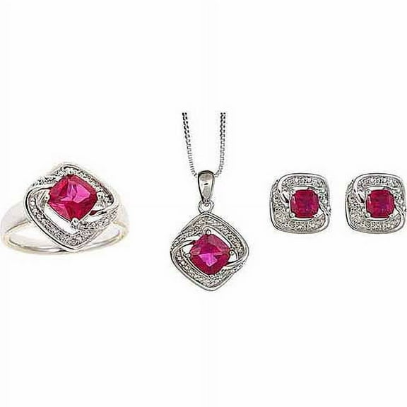 Arista Round White Diamond Accent and Created Ruby Silver-Tone Ring, Earrings and Pendant Set, 18"