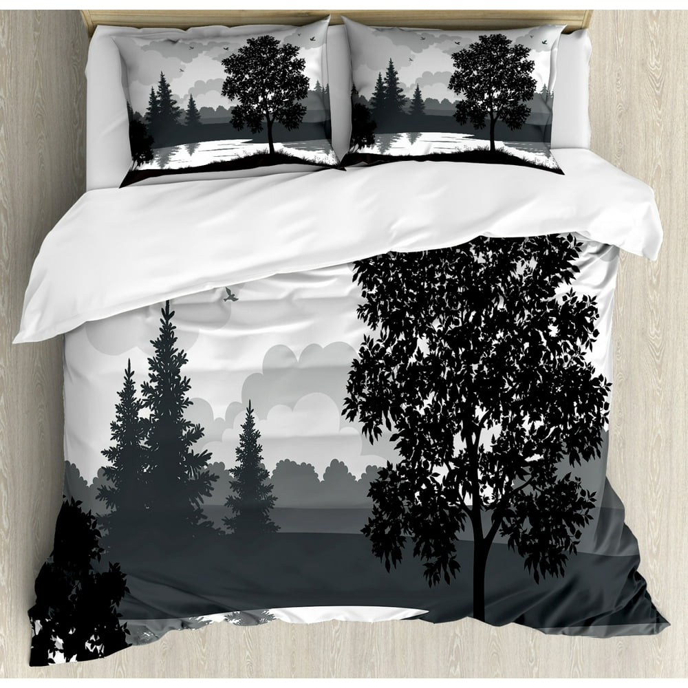 Nature Duvet Cover Set Queen Size, Nature Theme Landscape with Trees