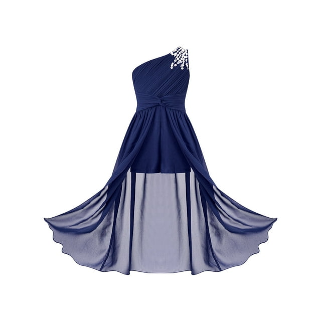 Kaerm Robe de Demoiselle d'Honneur Fille à une Épaule Barboteuse Froncée en Chiffon Perlé Robe de Fête de Mariage Bleu Marine 16