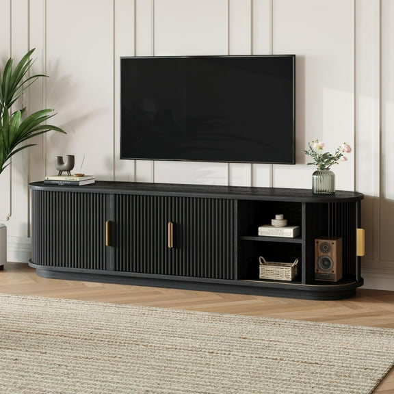67" TV Stand for TVs up to 75 Inch, Entertainment Center with Sliding Doors and Adjustable Shelves, Modern Fluted Media Console for Living Room, Black
