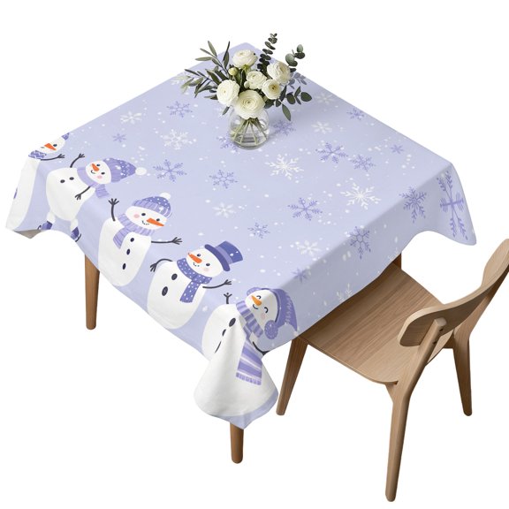 Square Tablecloth, Christmas Snowman Snowflake Waterproof Table Cloth 60x60 in Winter Purple White Theme Washable Spillproof Table Cover for Kitchen Dining Party Decor Outdoor Camping