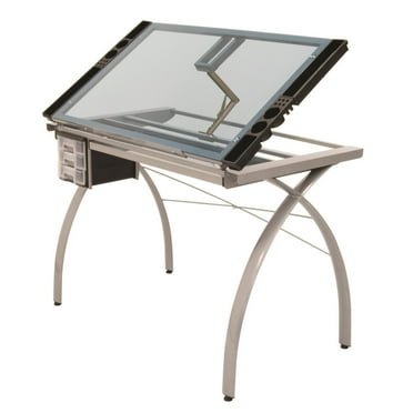 Homestock Mediterranean Mastery Crafting, Drafting, Drawing Adjustable Top Hobby Table Writing Studio Art Desk With Drawers, 38''W X 24''D, Tempered, Silver/Blue Glass
