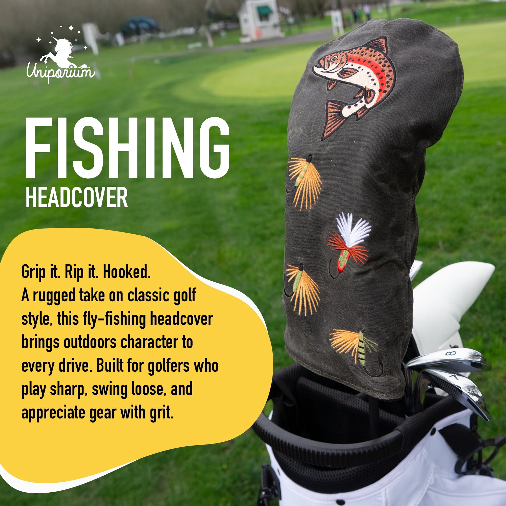 Uniporium Fishing Novelty Head Cover – Premium Waxed Canvas Golf Driver Headcover with Embroidered Fish Details, Designed for Modern 460cc Drivers, and a Fun Golf Accessory and Gift