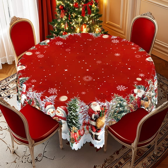 KOPOEELK Red Santa Snowman Forest Round Tablecloth, 60 in Round Christmas Dining Decor