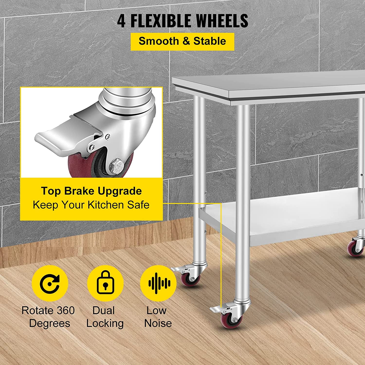 VEVOR Stainless Steel Work Table 36 x 24 inch with 4 Wheels Commercial Food Prep Worktable with Casters Heavy Duty Work Table for Commercial Kitchen Restaurant