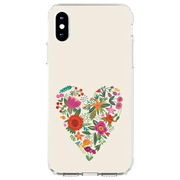 DistinctInk Clear Shockproof Hybrid Case for iPhone X / XS (5.8" Screen) - TPU Bumper, Acrylic Back, Tempered Glass Screen Protector - Spring Collection - Floral Heart Green Red
