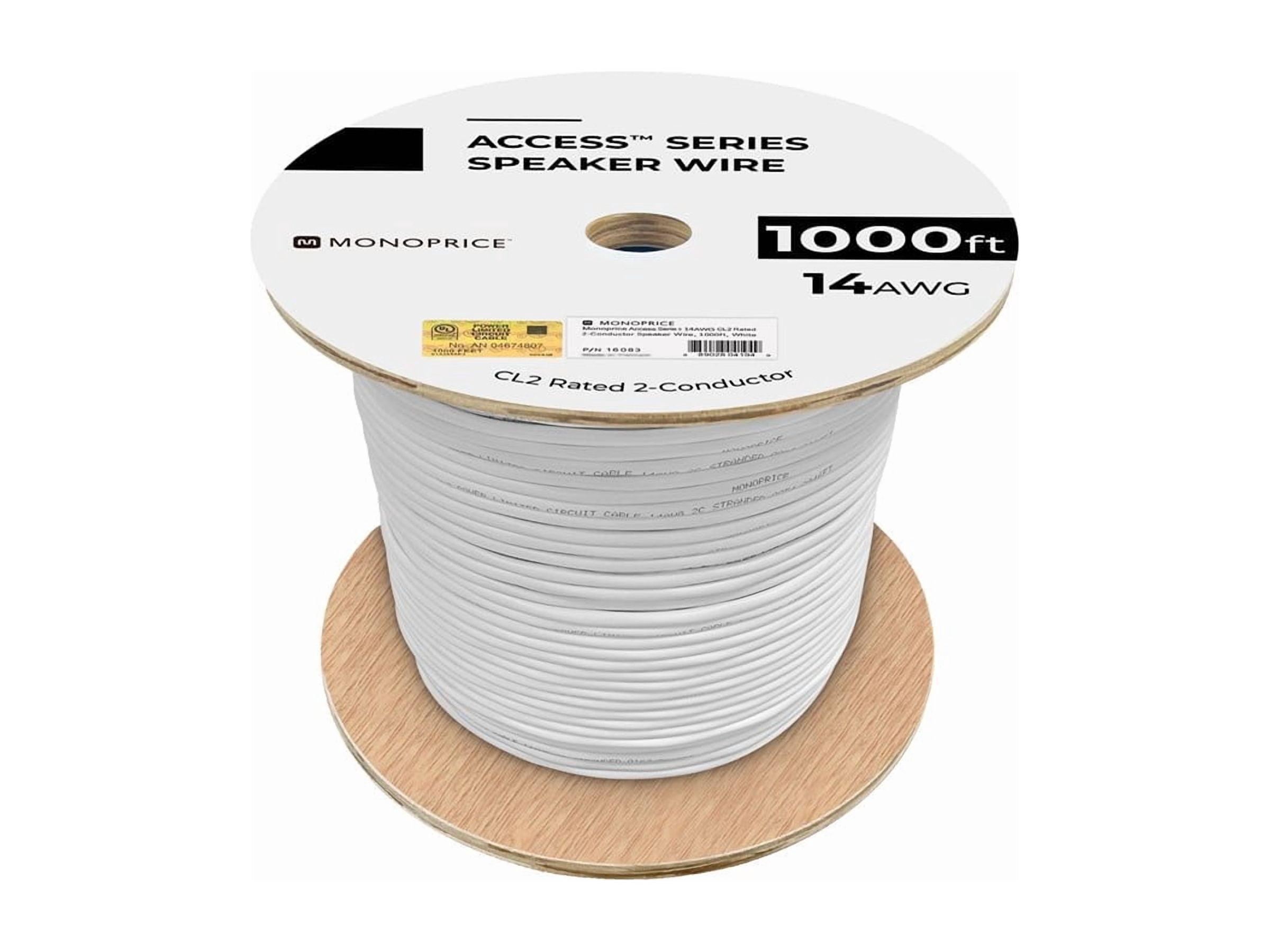 Monoprice Speaker Wire, CL2 Rated, 2-Conductor, 14AWG, 1000ft, White
