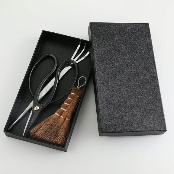 Wazakura Japanese Bonsai 3PCS Starter Kit, Traditional Scissors, Tweezers, Broom