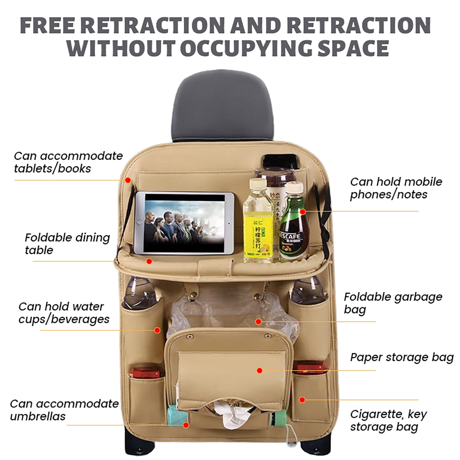 Car Backseat Organiser, 9 Storage Pockets PU Leather Car Storage Organizer with Foldable Table Tray, Car Seat Accessory Storage Pockets Kick Mat for Car (Beige)