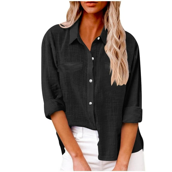 Taqqpue Linen Shirts for Women 2025 Long Sleeve Button Down Top Cotton Summer Loose Fit T Shirts Collared Solid Color Casual Tee Tops