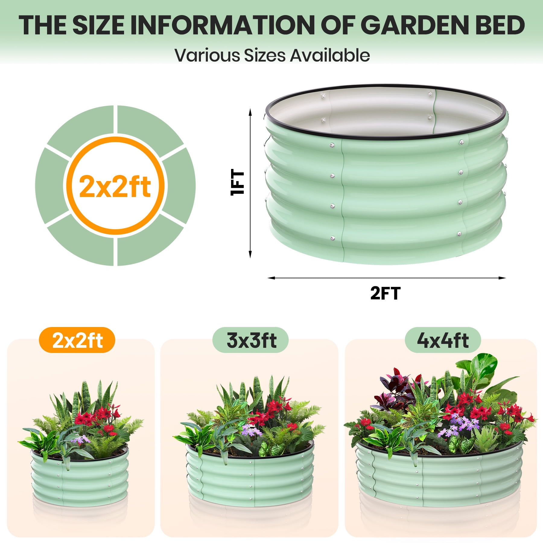 Garvee 2 Pcs Round Metal Raised Garden Bed, Galvanized Steel Planter Box, 2x2x1 FT Open-Bottom Outdoor Garden Bed with Safety Rubber Edging, Easy Assembly for Vegetables, Flowers, Herbs, Green