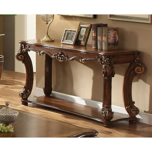 Rectangular Sofa Table With Scrolled Leg And Bottom Shelf, Cherry Brown- Saltoro Sherpi