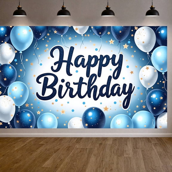 Blue White Theme Banner Gold Stars Birthday Display Balloon Decor Glittery Design Party Backdrop for Birthday Party Kids Celebration Indoor Party