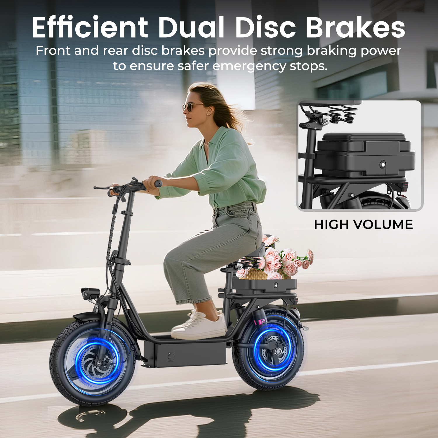 Electric Scooter with Seat, Peak 1200W, 25 MPH and 45 Miles, 14" Tire,48V 16.5AH 500Wh Battery Dual Shock Absorbing Scooter with Basket Box,E Scooter for Adults Commuter & Urban Travel