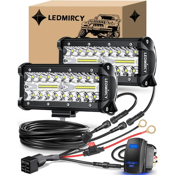 7 Inch LED Light Bar Kit with Rocker Switch Wiring Harness 2PCS LED Pod Lights Triple Rows White Spot Flood Combo Beam Off Road Lights for Truck ATV SUV UTV Boat