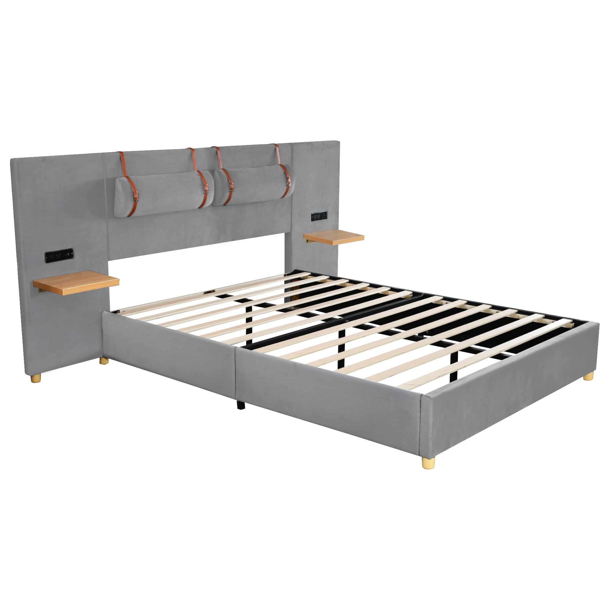 Euroco Upholstered Queen Size Platform Bed with Storage Shelves, USB Charging Station and Pillows, Gray