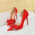 thumbnail image 4 of Zapatos de novia clásicos de tacón alto, delgados, a la moda para damas, con boca poco profunda, puntiagudos, huecos en los lados y lazo de diamante, 4 of 5