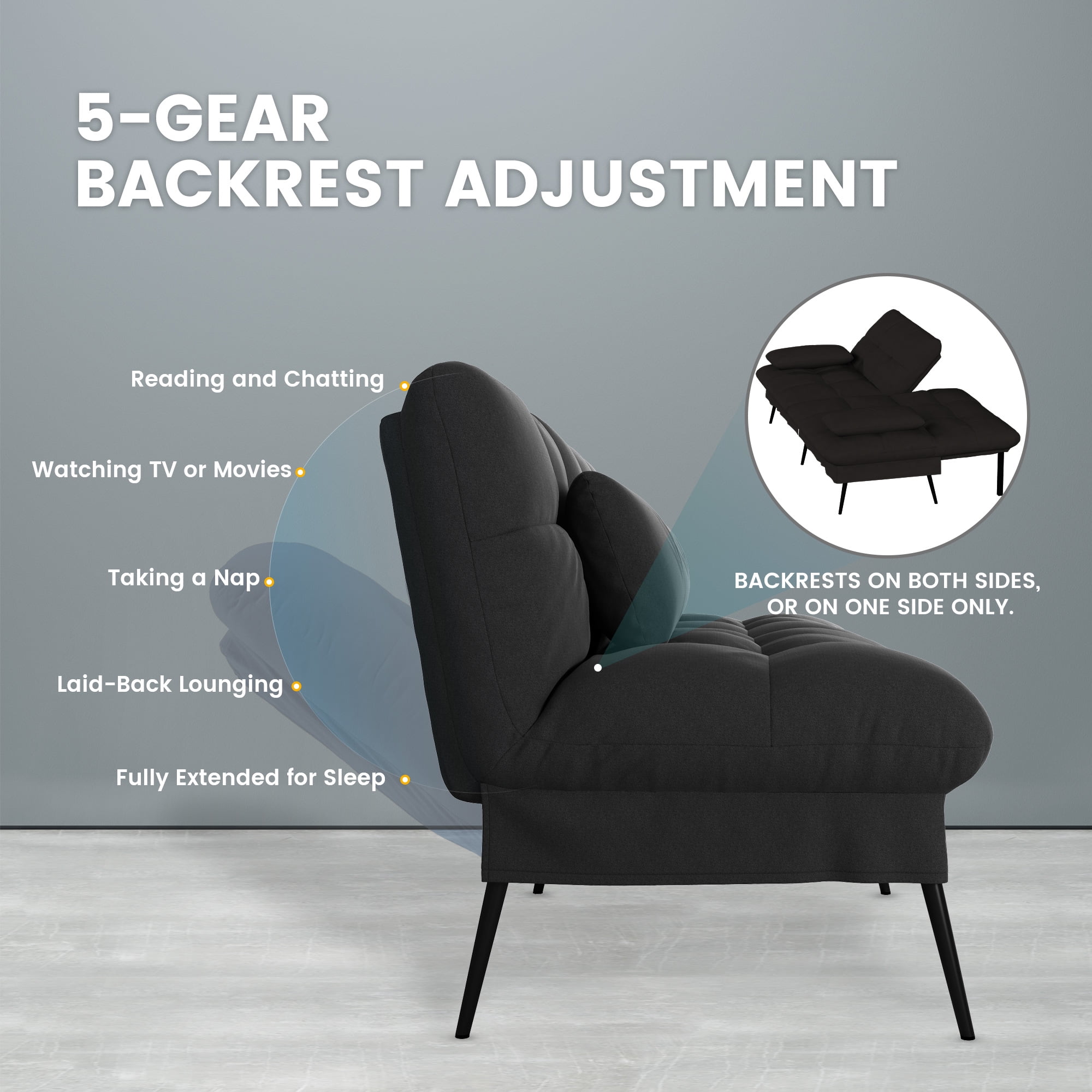 COMHOMA Convertible Futon Sofa Bed Upholstered Futon Couch Fabric Sleeper Sofa, Black